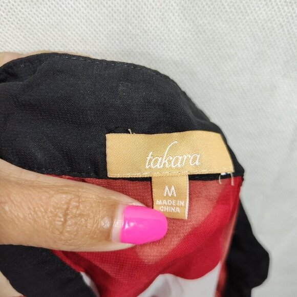 Takara Red Tan Black Shirt Blouse Women Size M Roll Tab Sleeve Chevron Print - Picture 5 of 10